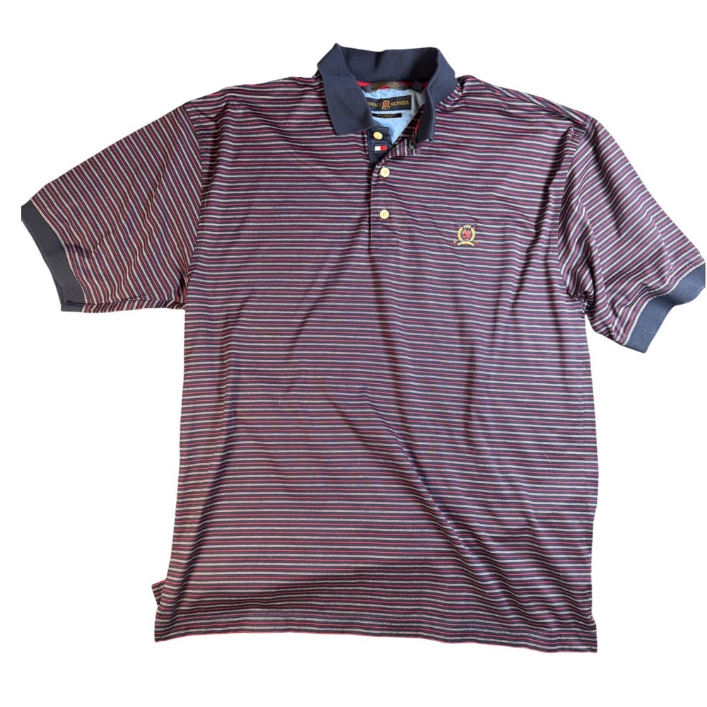 Tommy Hilfiger Golf Polo Shirt‎ Mens Large Striped Short Sleeve Crest Logo Blue